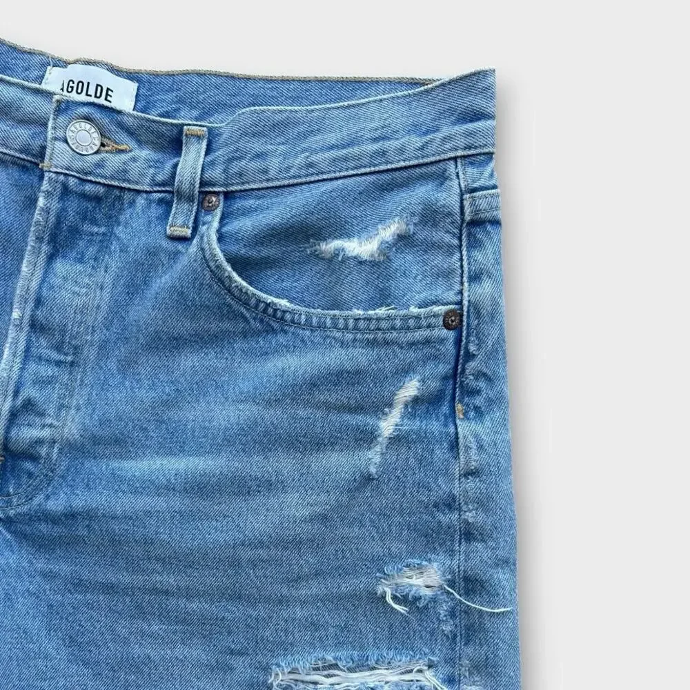 AGOLDE Parker Long Denim Shorts Women’s 29 Blue Distressed Raw Hem 100% Cotton